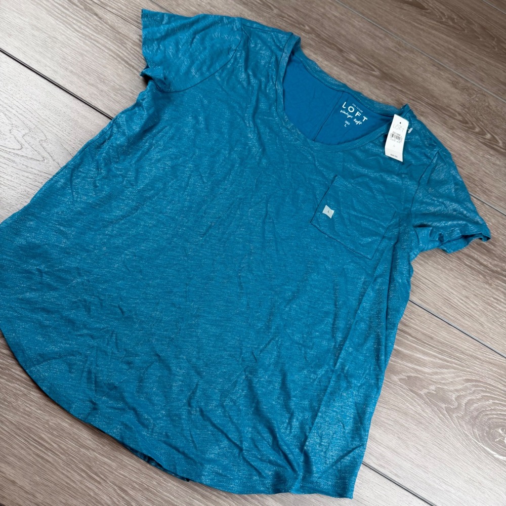 LOFT Womens T-Shirt Vintage Soft Pocket Scoop Neck Blue L